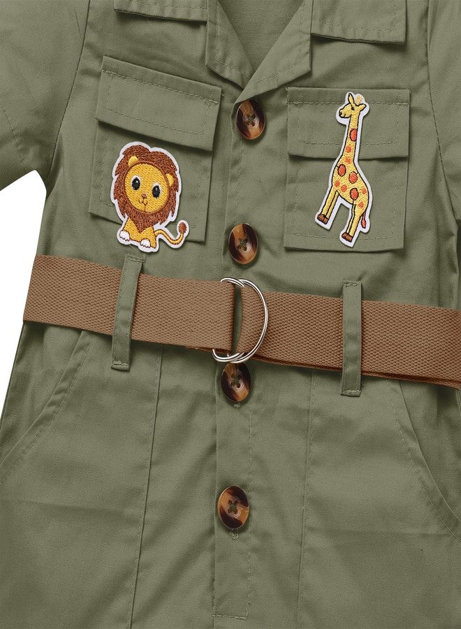 ODOLDI Baby Safari Outfit Wild One Birthday Outfit Girl Short Sleeve Safari Jumpsuit with Hat Toddler Zoo Keeper Army green 18-24 Months - Image 4